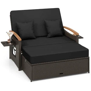 Patio Rattan Daybed Set w/Cushioned Loveseat & Storage Ottoman for Porch Black - Picture 1 of 10