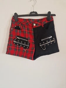 Banned Apparel tartan shorts size small zip black red hotpants buckle - Picture 1 of 9