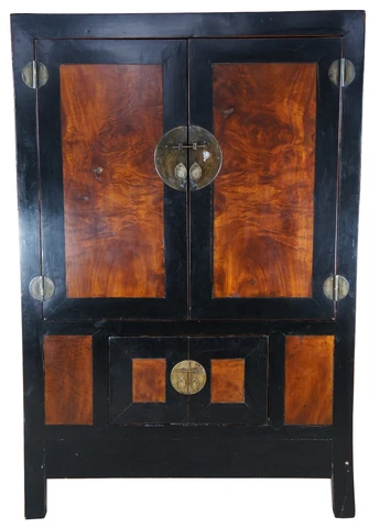 Monumental Black Lacquer Carpathian Elm Burl Wedding Cabinet Linen Press Armoire Cover