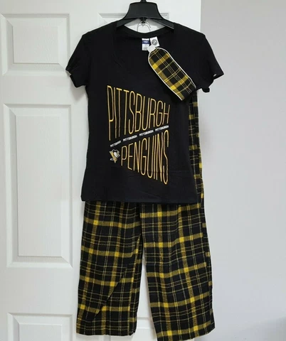 NHL Pittsburgh Penguins Set Ladies Sz. S Flannel pants Cotton Tee-shirt Eye Mask Cover