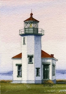 Faro Point Robinson, Washington. Retrato. Estampado en acuarela de Gerald Hill. - Imagen 1 de 1