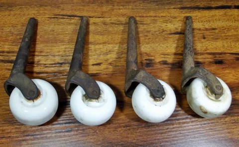 Vintage Antique Cast Iron 6" Long Casters Porcelain Wheels Set of 4 Industrial Cover