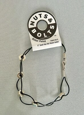 Waterproof Waxed Black Weave Cord Metal Hex Nut Ankle Bracelet Nickle Plated New - Image 1 of 4