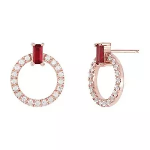 10K Rose Gold With Ruby & Natural Real Diamond Open Circle Stud Women's Earrings - Picture 1 of 4