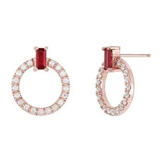 10K Rose Gold With Simulated Ruby & Moissanite Open Circle Stud Women's Earrings - Image 1 of 3