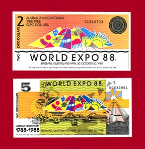 PARTIALLY-ENGRAVED ABNC AUSTRALIA UNC NOTES: $2.00 & $5.00 WORLD-EXPO 1988 NOTES - Picture 1 of 2