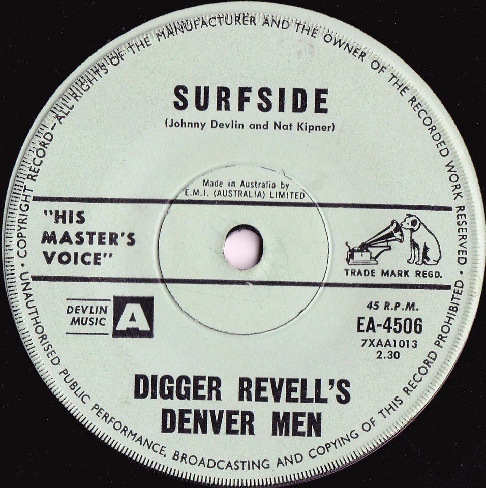 Digger Revell’s Denver Men Rare OZ 45 Surfside VG+ ’63 HMV EA4506 Surf Instrumen - Image 1 of 1