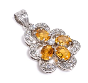 925 Sterling Silver Pendant 1.4" Natural Citrine And Zircon Gemstone Handmade - Picture 1 of 2