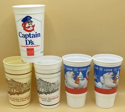 5 Coca-Cola plastic cups, USA, Captain D's, Krispy Kreme, Subway 1980's & '90's - Image 1 of 4