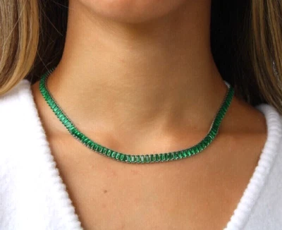 32 CT Lab Created Green Emerald Tennis Necklace in 14K Yellow Gold Plated 18 IN - Image 1 of 4