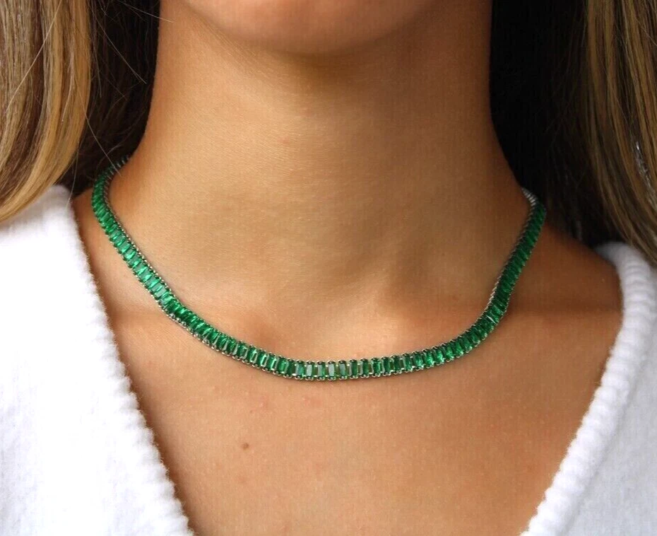 32 CT Lab Created Green Emerald Tennis Necklace in 14K Yellow Gold Plated 18 IN - Image 1 of 4