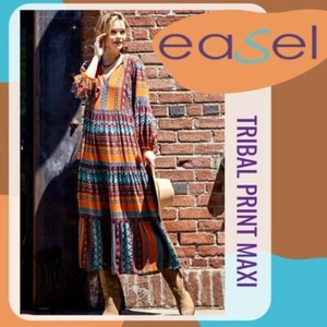 EASEL Tribal Aztec Print Oversized & Flowy Maxi Dress 3/4 Length Bubble Sleeves - Picture 1 of 16
