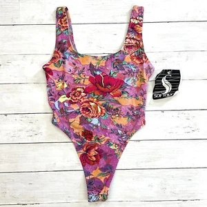 Vtg 90s Softouch Susan Fixel Floral Pink Swimsuit Thong Medium Made in USA NWT - Picture 1 of 6