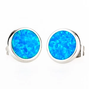 Round Ocean Blue Fire Opal Silver Jewelry Stud Earrings - Picture 1 of 6