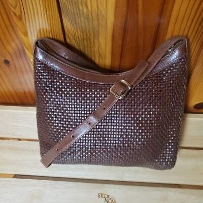 Bolso Bandolera/Cartera Boho Cremallera Correa Ajustable Bandolera Cuero Tejido Marrón De Colección Foto 1 de 4