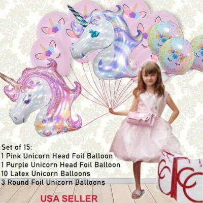 15 piezas: CABEZAL UNICORNIO LÁSER + LÁMINA + GLOBOS DE LÁTEX ROSA PÚRPURA Ducha Fiesta de Cumpleaños Foto 1 de 4