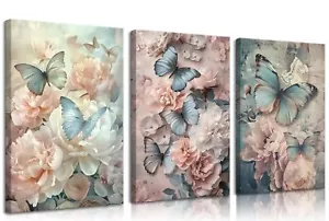 3pcs Butterfly And Floral Canvas Wall Art Pink Elegant Peony Florals Wall Dec... - Picture 1 of 7