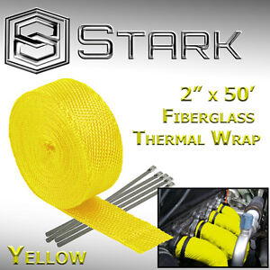 (2-Pack) 2"x 50ft Exhaust Fiberglass Heat Wrap Tape w/ 5 Steel Ties - Yellow (S)
