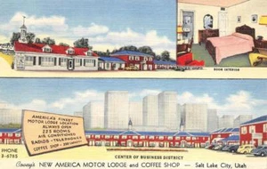 NEW AMERICA MOTOR LODGE Salt Lake City, Utah Roadside ca. 1940er Leinen Postkarte - Bild 1 von 1