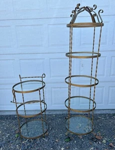 2 Round 1960s Bronze/Gold Color Iron Etagere With Glass Shelves - Picture 1 of 8
