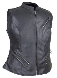 WOMENS GENUINE COWHIDE LEATHER MOTORCYCLE VEST w/ DUAL CONCEAL POCKETS - DC92 - Picture 1 of 8