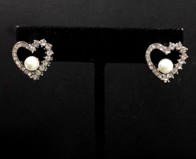 Bridal White Faux Pearl Rhinestone Heart Pierced Stud Earrings Silver Tone - Image 1 of 4