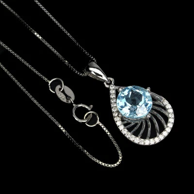 925 Argento Sterling Rotondo Topazio Blu Cielo 8mm Finto Zirconia Cubica Collana - Immagine 1 di 4