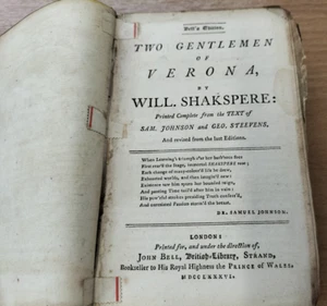 Antique 1786 Two Gentlemen of Verona by Will. Shakspere (Bell's Edition) - Picture 1 of 4