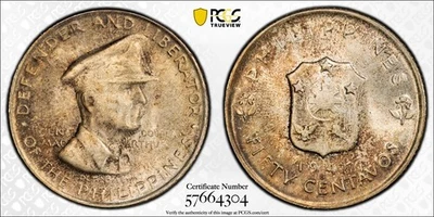 PHILIPPINES 50 Centavos 1947, MacArthur, PCGS MS 65 Gem UNC w/ Deep Tone 65. R7 - Image 1 of 4
