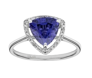 10k Solid White Gold Trillion Created Tanzanite & Diamond Halo Birthstone Engag - Picture 1 of 6