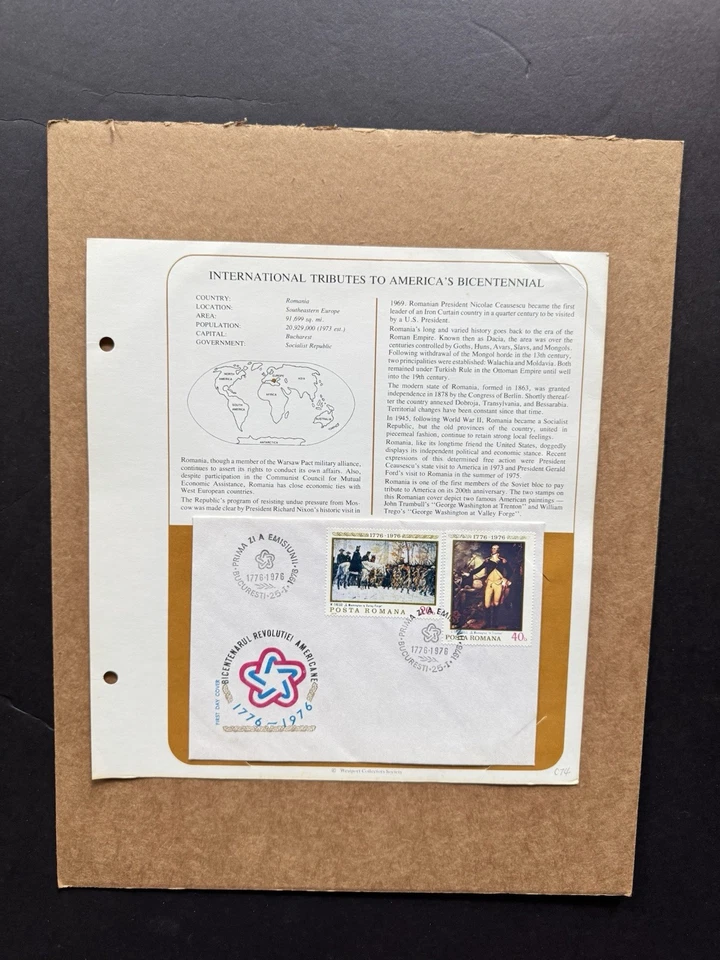 American Bicentennial FDC (C74) +Romania +Washington at Trenton &Valley Forge - Image 1 of 1