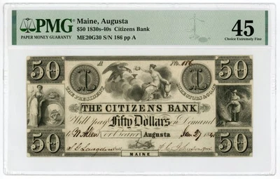 1841 $50 The Citizens Bank - Augusta, MAINE Note PMG Ch.XF 45 - Image 1 of 2