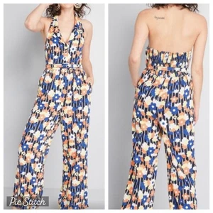MODCLOTH LINEN BLEND FLORAL HALTER JUMPSUIT SIZE MEDIUM - Picture 1 of 14