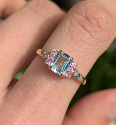 Emerald Cut Blue Aquamarine & Pink Sapphire Ring 9ct Yellow Gold Size N / 6.5 - Image 1 of 4