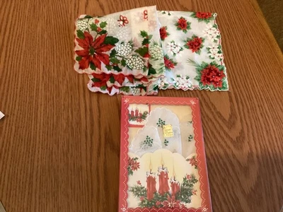 3 VTG TAGS CHRISTMAS POINSETTIA PINE CONES HANDKERCHIEF CRISP NOS~1 MAILABLE BOX - Image 1 of 4