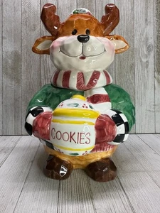 Vintage Keramik Rentier im Pullover strukturierte Keksdose Weihnachtsmotiv 10,5" hoch - Bild 1 von 10