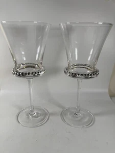 Set of 2 Karen Wine Glasses with Silver Rhinestone Band, 9” Elegant Crystal - Picture 1 of 13