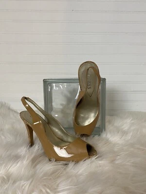 GUESS Tan patent sling back platform peep toe pumps size 7M - Image 1 of 4