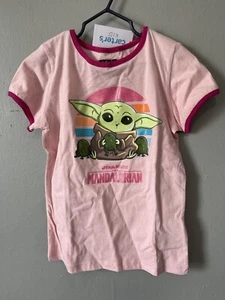 Star Wars Kids Girls Cute Grogu The Mandalorian Glitter Ringer T-Shirt Pink Sz 7 - Picture 1 of 5