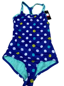 Nike Kids Girls Swoosh Dot Racerback Tank Swimsuit sz L Blue - Picture 1 of 4