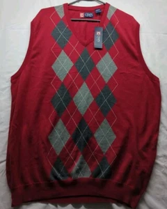 Vintage Ralph Lauren Chaps Vest Mens XL Red Gray Sleeveless Sweater Argyle Golf - Picture 1 of 11
