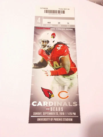 2018 Arizona Cardinals Chicago Bears NFL  Football Full Ticket Stub Cover