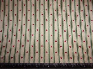 QUILTING WEIGHT COTTON TICKING STRIPE FABRIC WITH RED HEARTS - 1 YD. -43" W - Picture 1 of 2