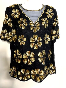 Blusa Top Stenay Plus Negra Seda Dorada Lentejuelas Ocasión Fiesta De Colección Rara ~ 1X - Imagen 1 de 5
