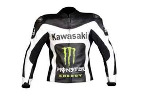 KAWASAKI MONSTER MOTORBIKE RACING REMOVABLE ARMOURED COWHIDE LEATHER JACKET - Picture 1 of 3