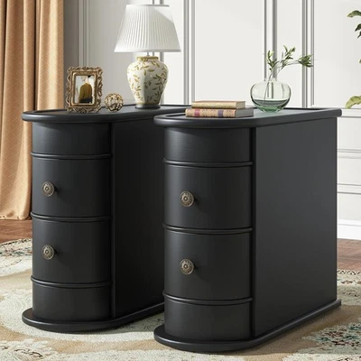 Wood End Table Set of 2, Narrow Solid Side Table 2-Drawer Slim Chair, Black - Image 1 of 4