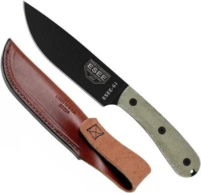 ESEE-6HM Bushcraft Knife | Black Blade, Plain Edge, Leather Sheath - Image 1 of 3