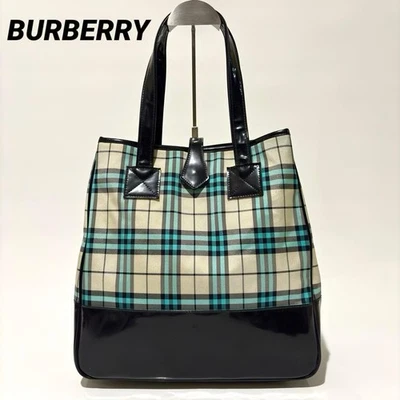 BURBERRY BLACK LABEL Nylon Patent Tote Bag Nova Check Black A4 Size From Japan - Image 1 of 4