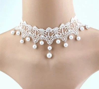 Cuello de Gargantilla de Encaje Blanco Perla Novia Gótico Victoriano Baile de graduación Damas de honor 760 Foto 1 de 4