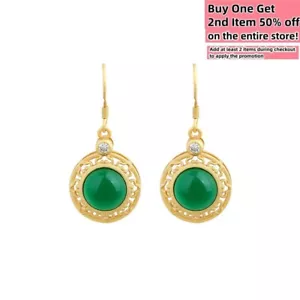 Pendientes colgantes de jade verde tallados huecos piedras preciosas gancho para oreja chapado en oro de 18 quilates - Imagen 1 de 6